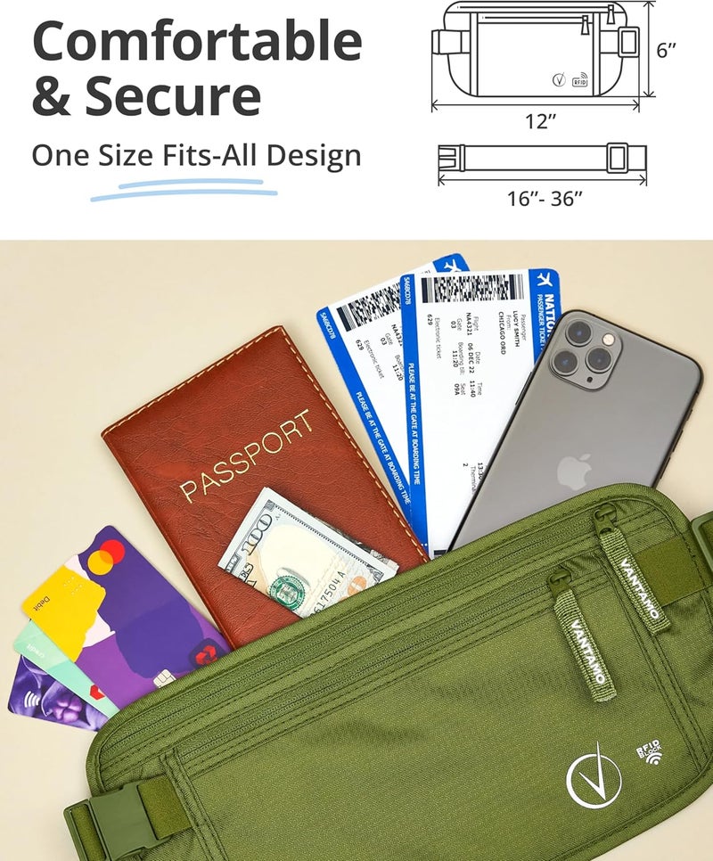 Vantamo حزام نقود مع RFID للرجال والنساء، حامل جواز سفر مخفي للسفر، حقيبة خصر سفر بجيبين للنساء مضادة للسرقة - Image 4